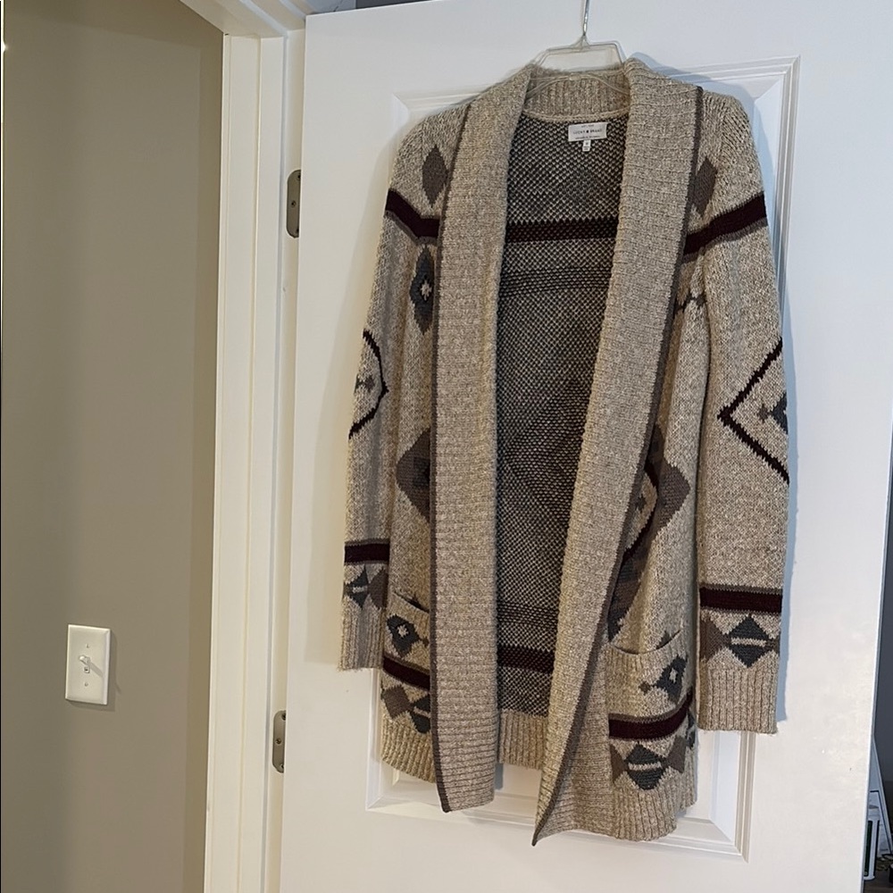 Lucky Brand Cream and Brown Geometric Cardigan Sweater